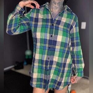 NEW Green Blue Plaid Flannel Shirt Dress Button Down Size Small